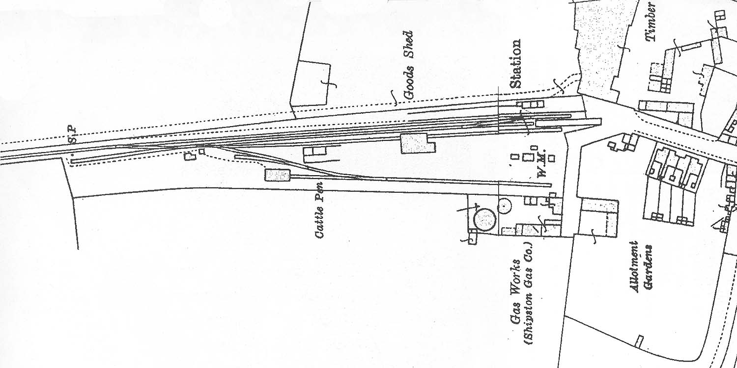 Ordnance Survey map showing the layout of Shipson-on-Stour station and goods yard and shed