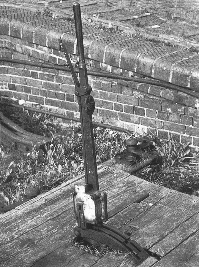 View of the ground frame with the single point lever that controlled the locomotive release points at the southern end of the station