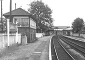 Looking south from the goods yard end of the down platform with Shirley's signal box straddling the platform