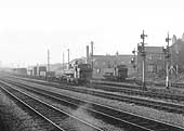 View Small Heath's down sidings looking North of whilst a pair of unidentified ex-GWR 0-6-0PT 57xx class locomotives rest in between shunting the yard