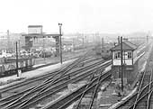 Close up showing the down goods yard and sidings with the 20 ton travelling gantry crane lifting cable drums