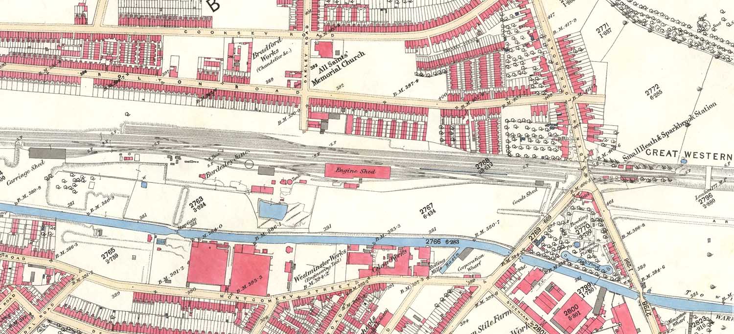 An 1888 25 inch to the mile Ordnance Survey map showing Small Heath station, engine shed and goods yard