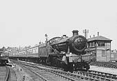 Ex-GWR 49xx class 4-6-0 No 5977 �Beckford Hall� passes Soho & Winson Green Signal Box on the up relief line