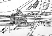 OS map showing the layout of Solihull's original station with the main entrance to the station being adjacent to the goods shed