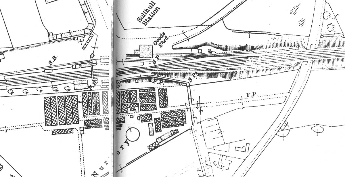 Ordnance Survey map showing the layout of Solihull's original station with the main entrance to the station being adjacent to the goods shed