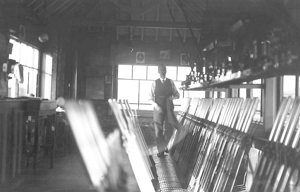 View of the inside of Solihull station's new signal box showing the multitude of levers operated by George Horsley