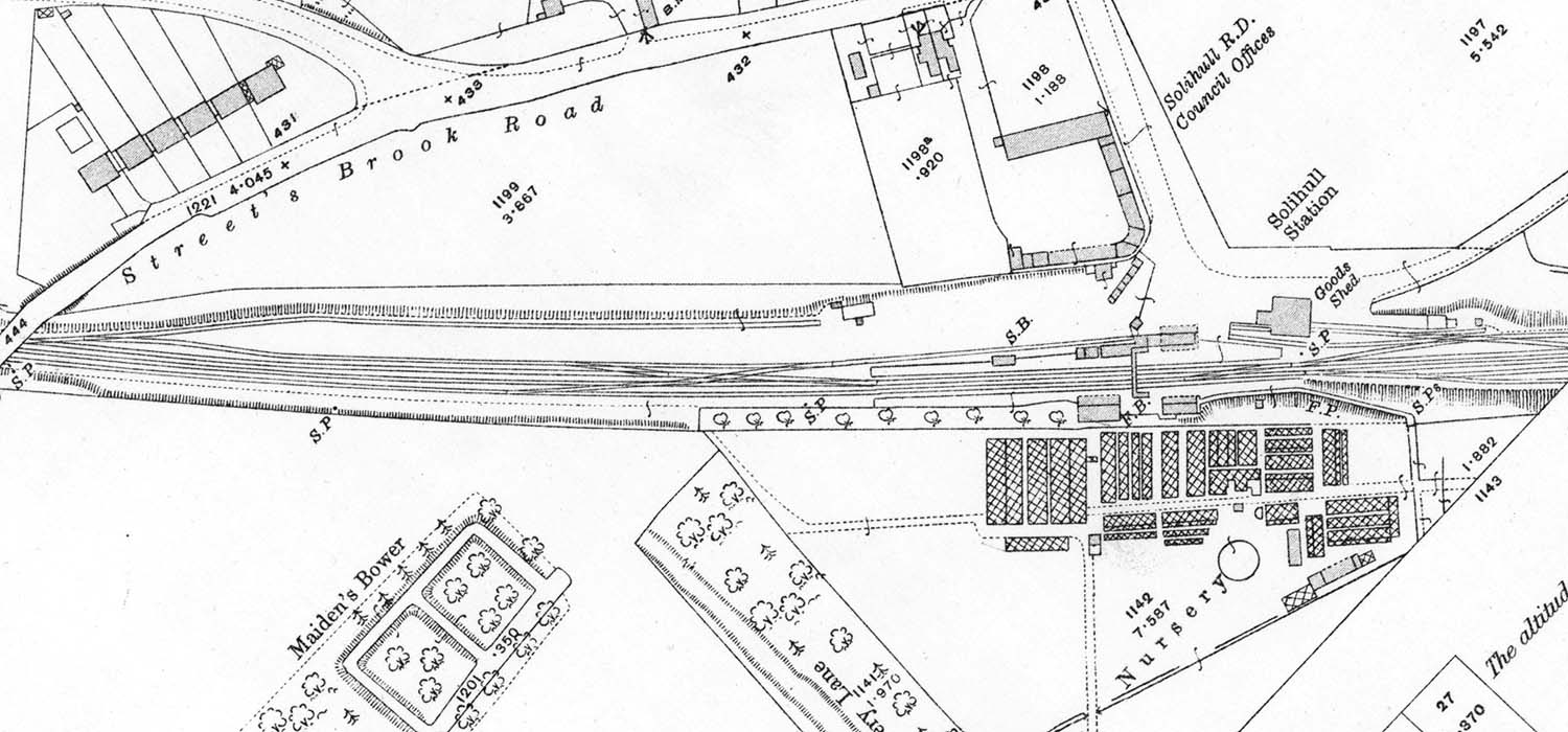 A 1913 Ordnance Survey map showing the layout of Solihull station, goods shed and remodelled goods yard