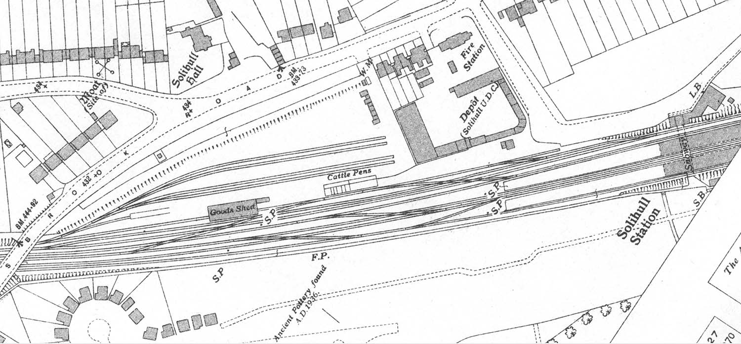 A 1937 Ordnance Survey map showing the four platform layout of Solihull station, goods shed and relocated goods yard