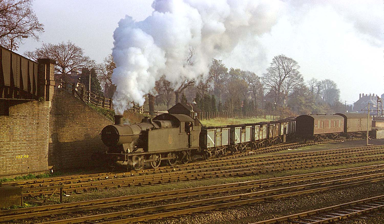 Ex-GWR 0-6-2T No 6631 is shunting coal wagons in Solihull goods yard in November 1961