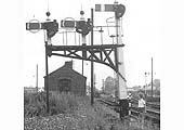 View of the signal gantry controlling the access to Stratford on Avon station, the engine shed and the livestock market's goods siding
