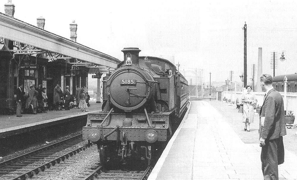 Ex-GWR 2-6-2T 'Large Prairie' No 5185 is seen arriving at the down platform at the head of the 1:15pm Leamington to Honeybourne