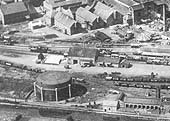 Close up showing Stratford upon Avon's gas works with sidings occupied by mainly Private Owner wagons plus the goods sidings