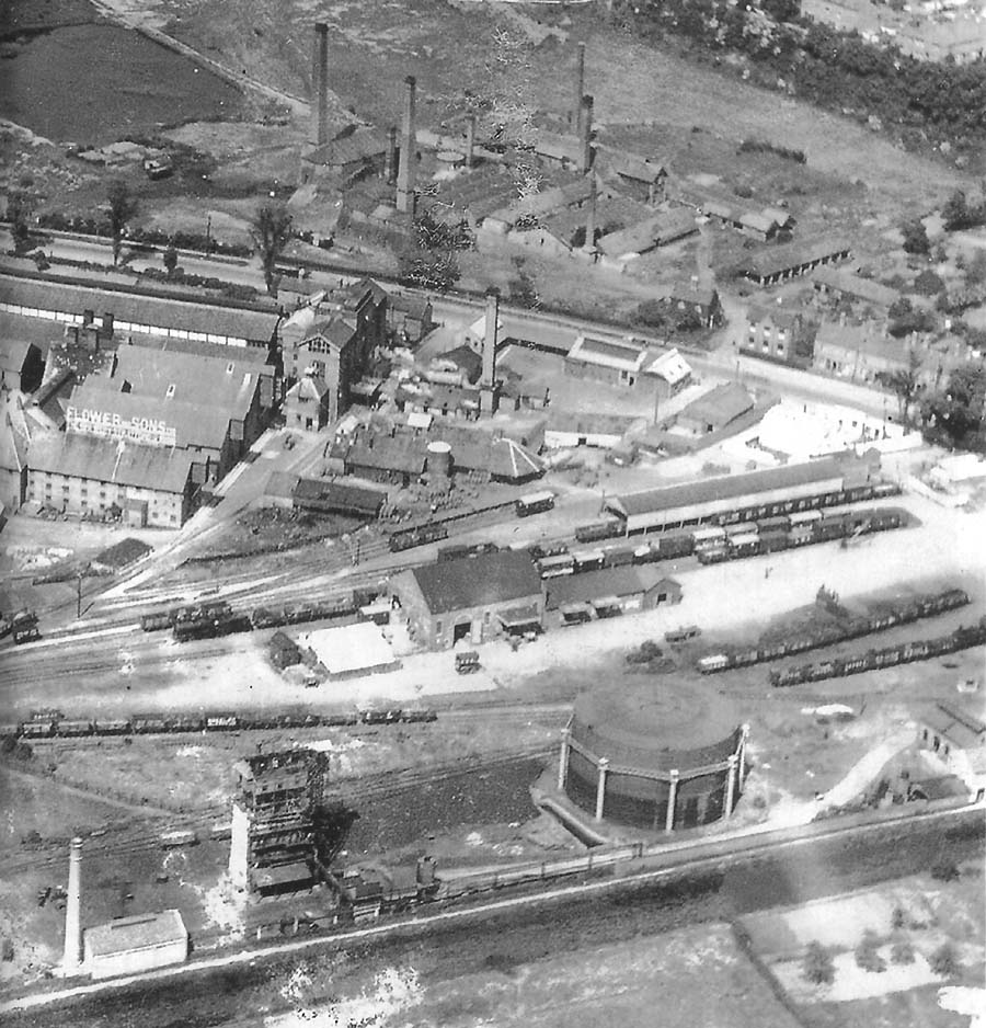 Aerial view of Stratford on Avon goods yard and shed with Flowers & Sons Brewery above and the Gas works and sidings below