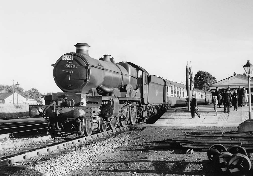 Ex-GWR 4-6-0 Castle class No 5070 'Sir Daniel Gooch' is standing at the up main platform on the 11:15am Newquay to Wolverhampton service