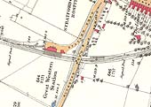 An 1885 OS Map of the station showing the original station built with a train shed spanning the tracks and platforms