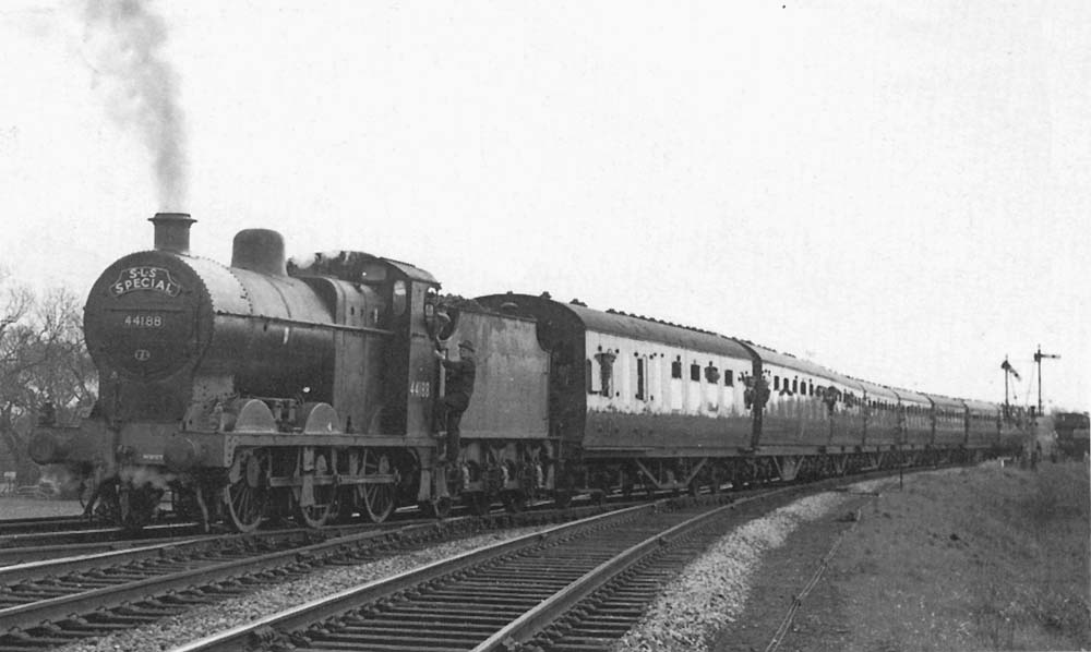 Ex-LMS 0-6-0 4F class No 44188 is seen on a SLS special leaving the former GWR line to take the spur to join the SMJ on 24th April 1965