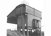 View of the East end of Stratford on Avon shed's combined coal stage and water tank in September 1956