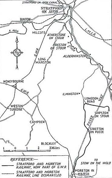A map showing the location of Stretton on Fosse on the Moreton in Marsh to Shipston on Stour line