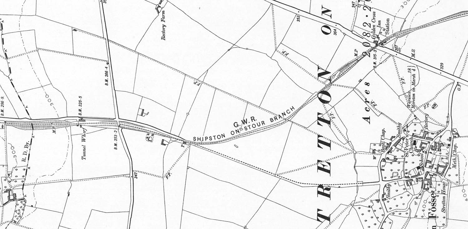 An Ordnance Survey map of Stretton on Fosse station updated in 1900 published in 1903