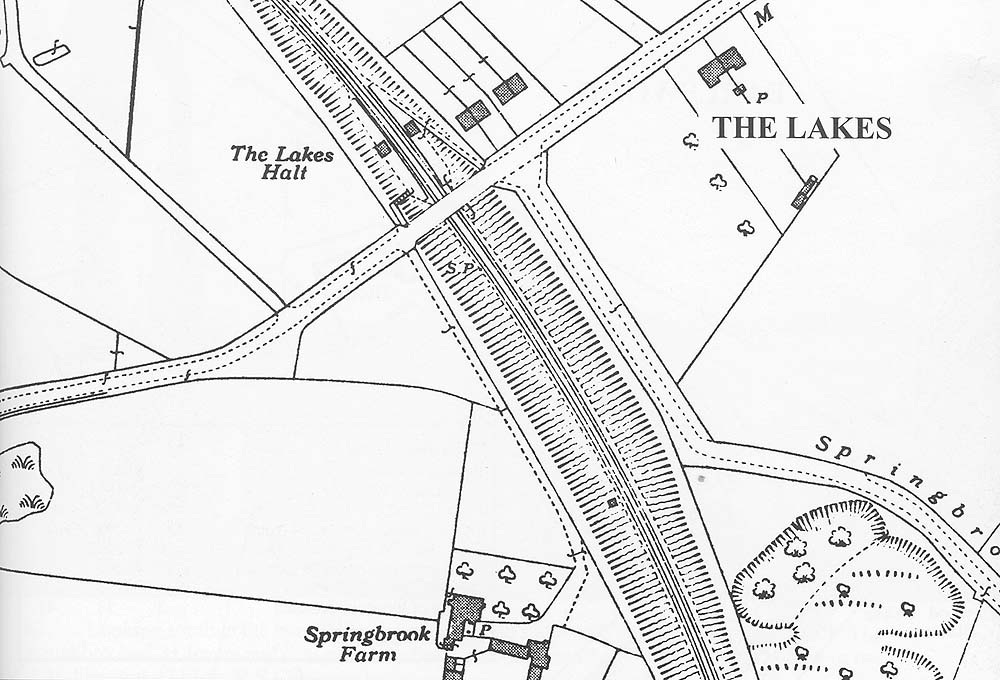 A 1938 Ordnance Survey map of The Lakes Halt showing its relationship to the immediate area