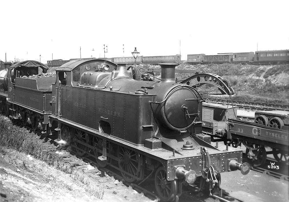 GWR 2-6-2T 3901 Class No 3916 is standing fully serviced with Tyseley carriage sidings seen behind
