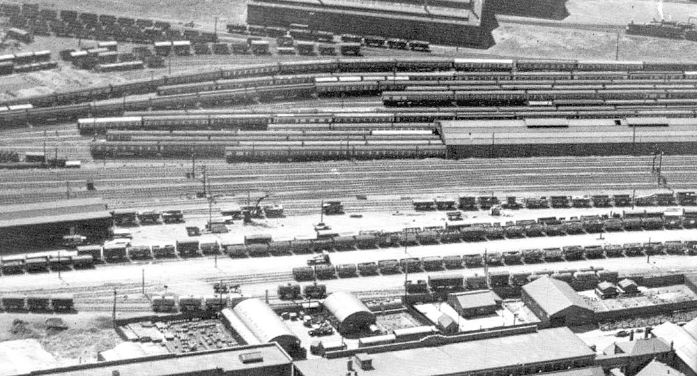 A 1930s aerial photograph showing the mileage sidings in Tyseley Goods Yard with the Carriage Yard and Cripple Sidings