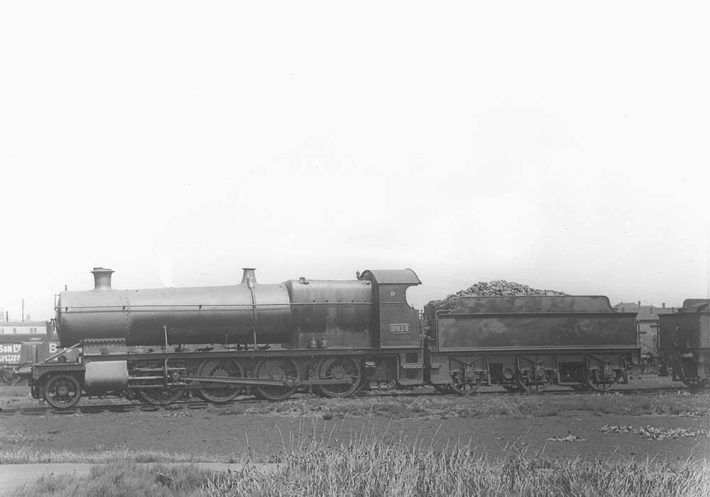 GWR 2-8-0 No 2814, a class 28xx locomotive, is seen standing on the roads outside the shed fully coaled and prepared for the next day's workings