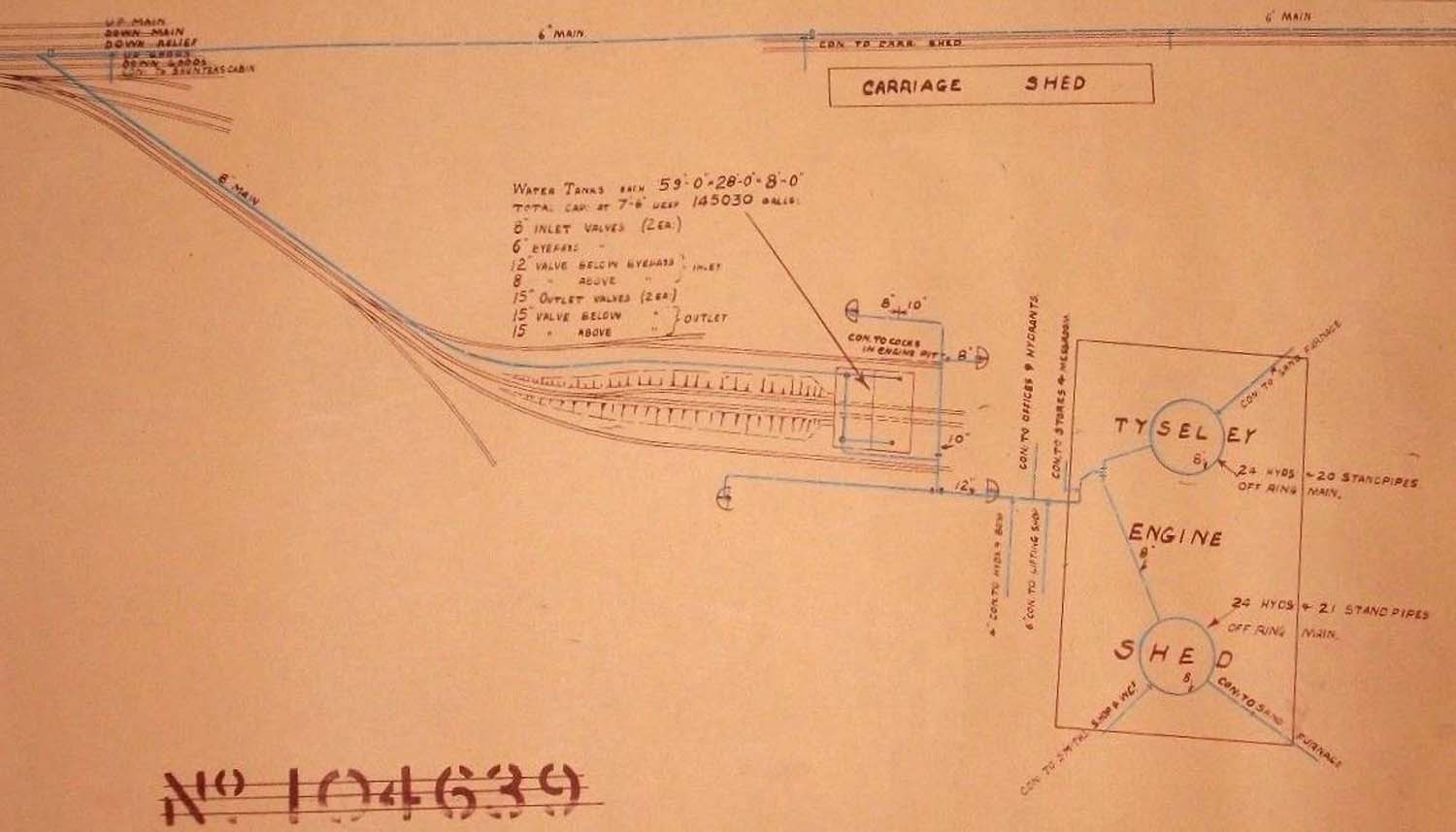 Drawing showing the water arrangements at Tyseley Locomotive Shed from water piped from Hockley Goods Depot
