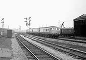 British Railways Blue Pullman is seen on the 1 00 pm Birmingham Snow Hill to Paddington up express passing the coach sidings on 15th February 1965