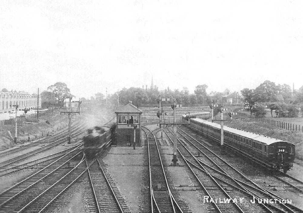 An Edwardian view of Tyseley Junction with a local passenger service from Leamington to Snow Hill passing Tyseley South signal box