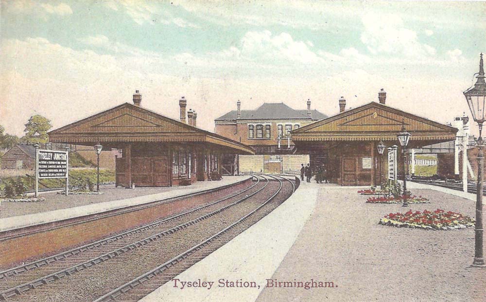 An Edwardian view of Tyseley station looking towards Leamington with the main platform on the left and relief platforms on the right