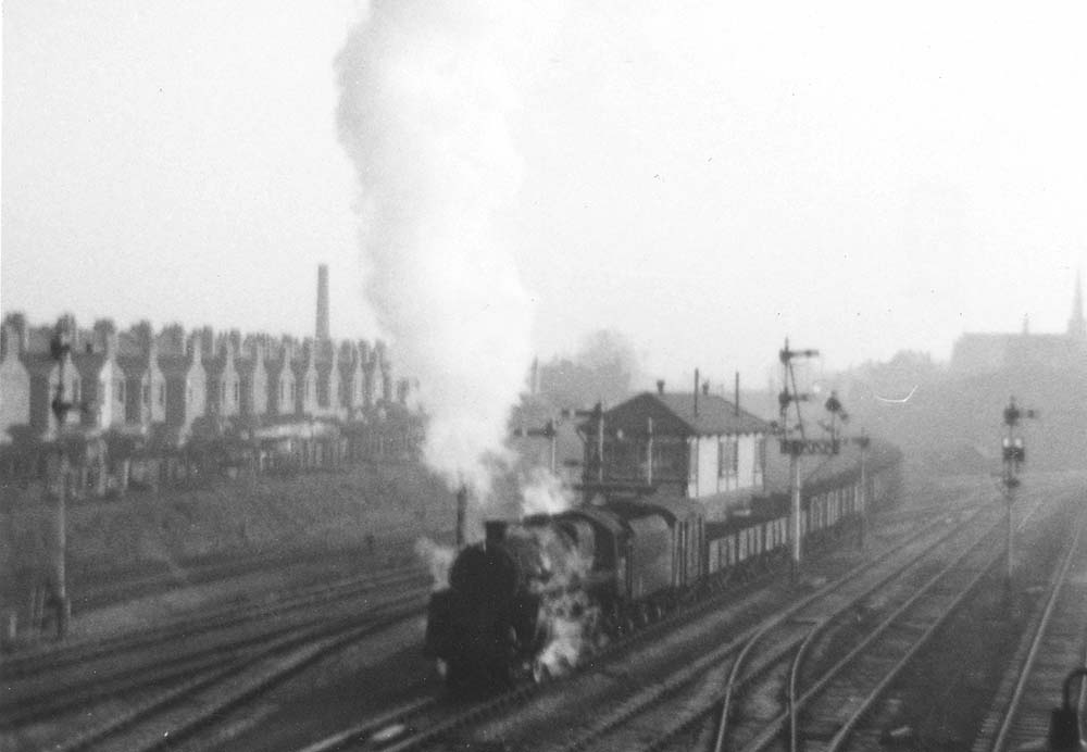 An unidentified British Railways Standard Class 5 4-6-0 locomotive Tyseley South Signal Box on the down relief line in the early 1960s