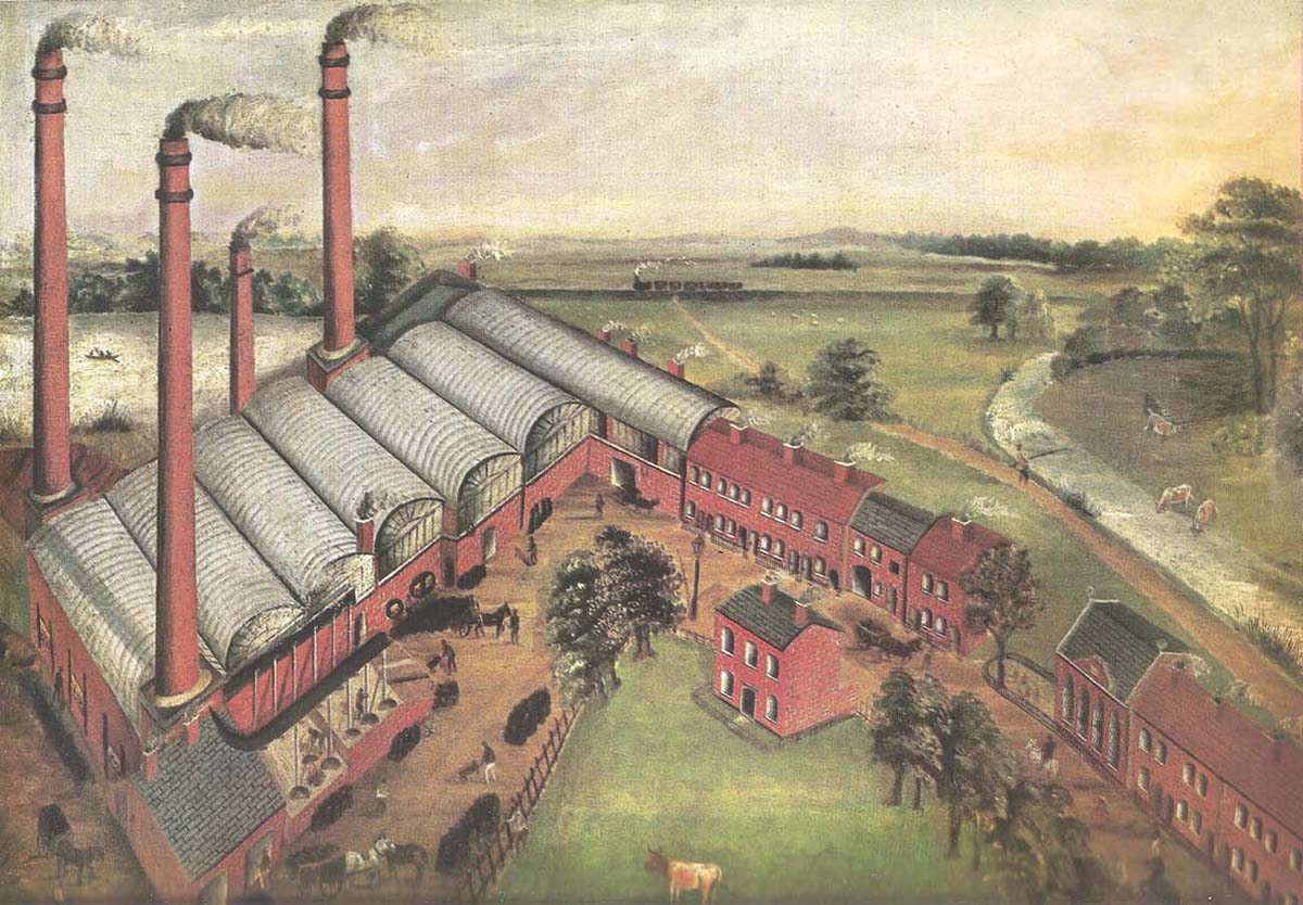 A painting of the Webster & Horsfall wire works in rural Hay Mills in 1856, with a short train on the B&OR in background