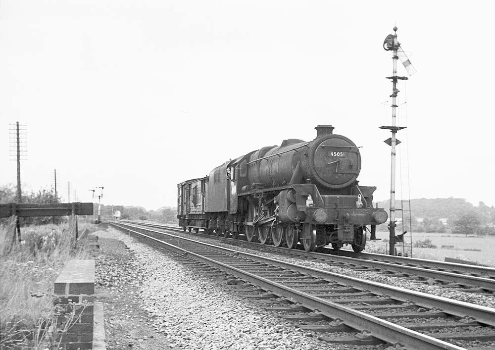 Ex-LMS 5MT 4-6-0 No 45051 has just passed Budbrook signal box with an up fitted goods train in September 1966
