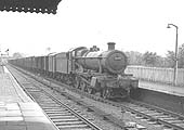 Ex-GWR 68xx Class 4-6-0 No 6879 'Overton Grange' passes through Warwick station on an up goods on 5th October 1963