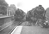 Another view of ex LMS 4-6-0 Royal Scott class No 46123 �Royal Irish Fusilier� at the end of Warwick's up platform