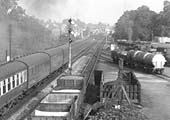 Close up showing a locomotive shunting wagons within Cape Yard sidings  and Warwick station in the distance