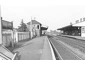 Looking towards Leamington along the down platform with the 1906 signal box on the left and the goods yard in the distance