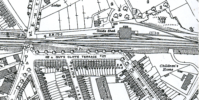 Map of the original goods yard which was located across the Coventry Road over bridge on the Leamington side of the station.