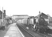 Ex-GWR 2-6-2T No 5104 enters the station with the 6:40pm Birmingham Moor Street to Stratford on Avon service on 28th May 1957