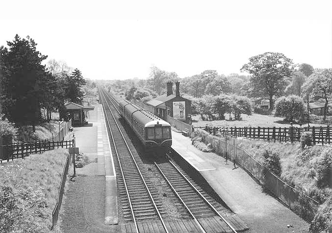  A recently introduced Diesel Multiple Unit stands at Yardley Wood Platform's up platform on 15th May 1959
