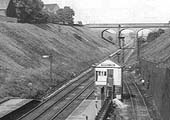 Close up showing Adderley Park signal cabin and the short head shunt protecting the down main line