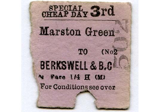 Front of the BR Third Class Cheap Day Ticket from Marston Green to Berkswell dated 24th March 1955