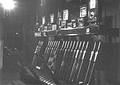 Night time view of Bordesley Junction Signal Box showing the various levers for the signals and junction points
