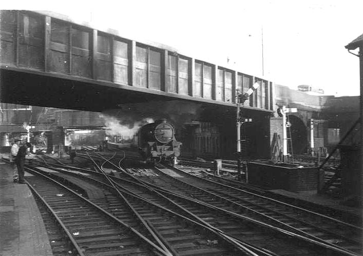 Ex-LMS 5MT 4-6-0 No 44862 is seen passing under Hill Street bridge as it storms towards No 5 Signal Cabin at the head of a Wolverhampton express