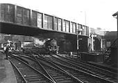 Ex-LMS 5MT 4-6-0 No 44862 is seen passing under Hill Street bridge as it storms towards No 5 Signal Cabin at the head of a Wolverhampton express