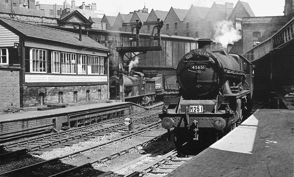 Ex-LMS 4-6-0 Jubilee class No 45651 'Shovell' is seen arriving at Platform 10 on the South bound Devonian express service