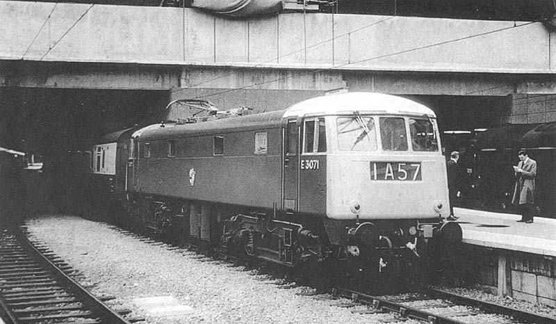 British Railways Bo-Bo Class 85 No E3071 is seen at the rebuilt New Street station with an afternoon departure for Euston on 20th May 1967