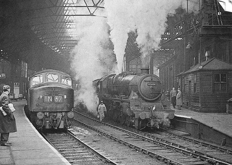 Ex-LMS 5XP 4-6-0 Jubilee class No 45604 'Ceylon' blows off hard as it stands at Platform 7 on the up Pines Express on Saturday 16th December 1961