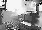 Ex-LMS 5MT 4-6-0 No 44919 is seen working hard as it banks the Pines Express from Platform 9 on Saturday 14th January 1961